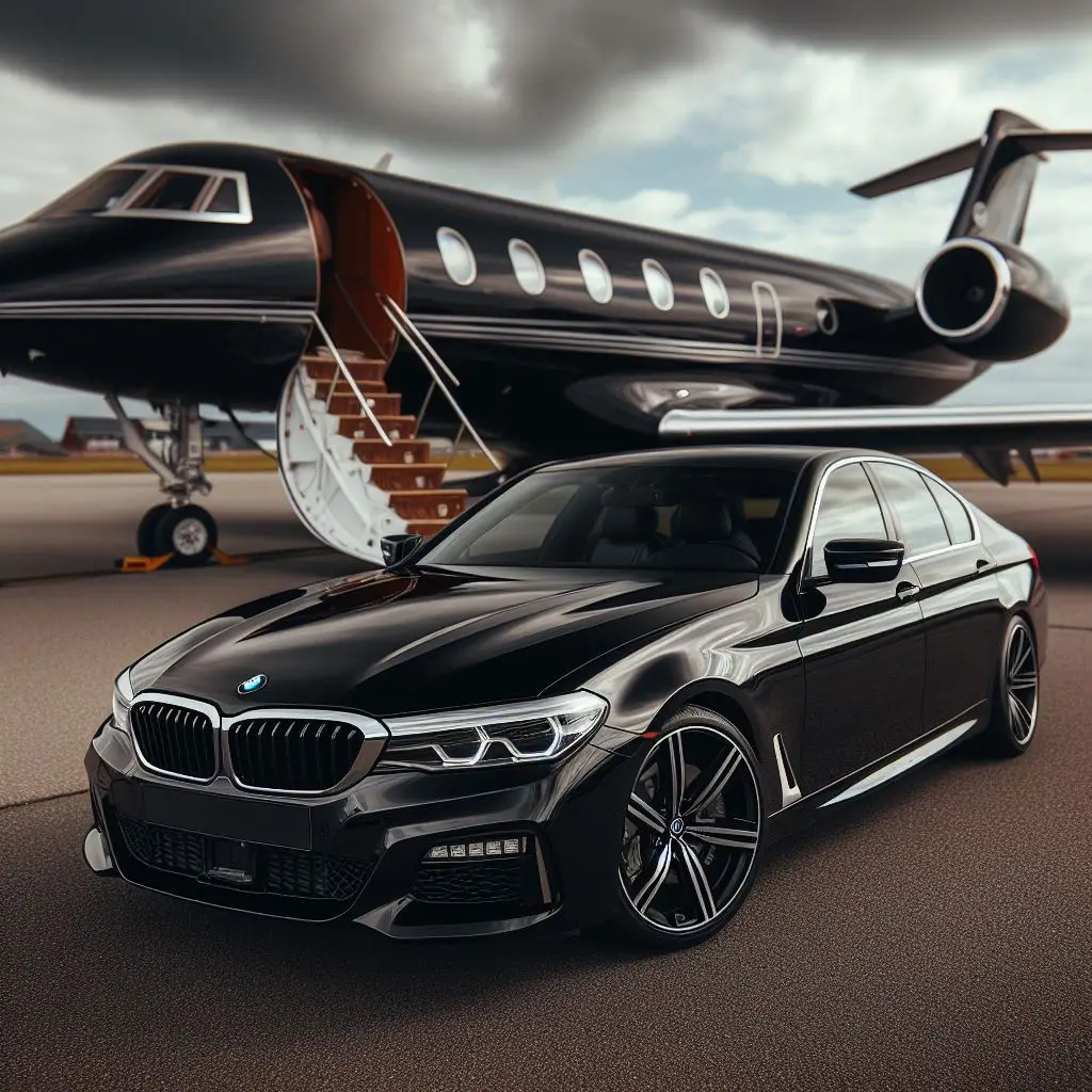 black priavte jet and a black bmw